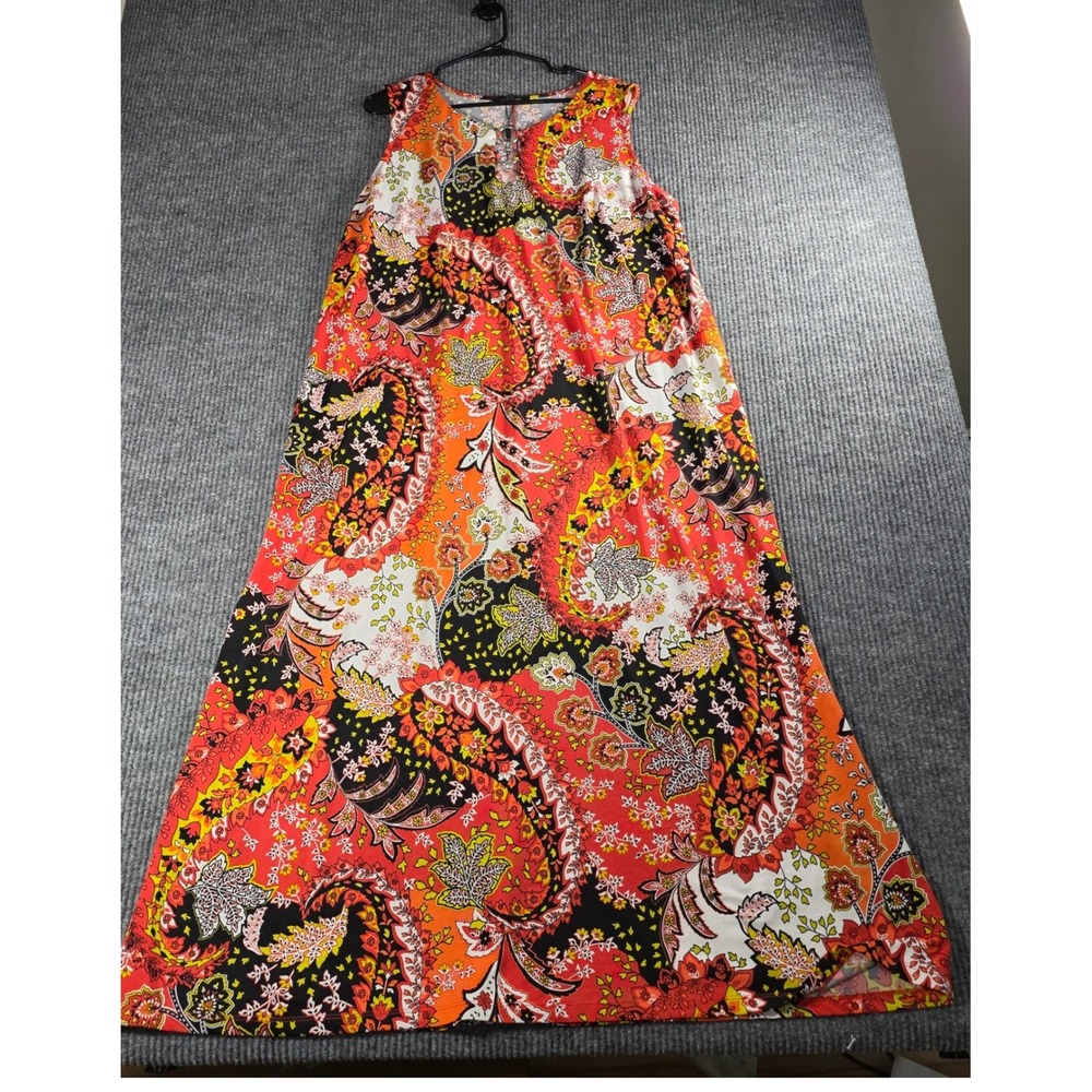Ellen Weaver Women 2X Paisley Maxi Dress Orange Red Black O-Ring Keyhole
